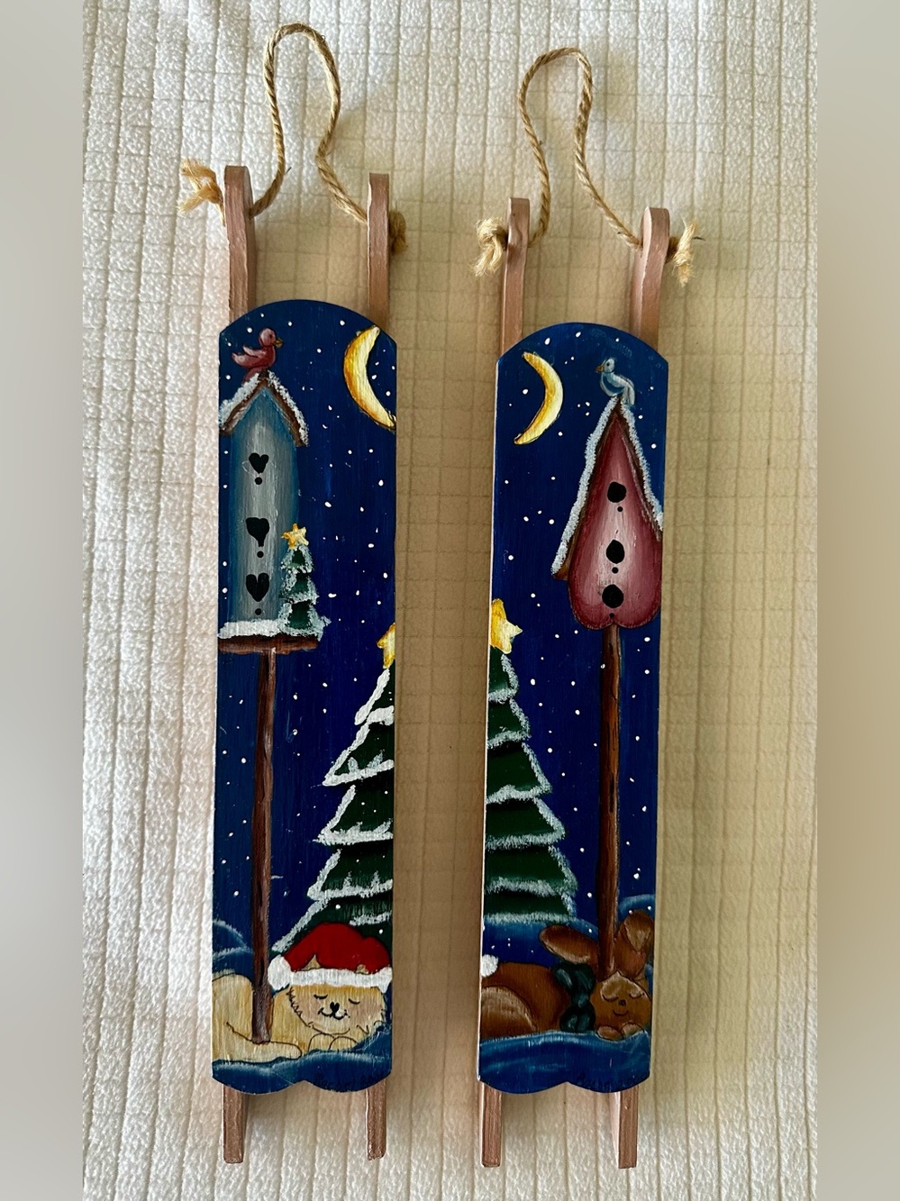 Pair of Vintage Hand Painted hanging mini Christmas sleds. Artist signed